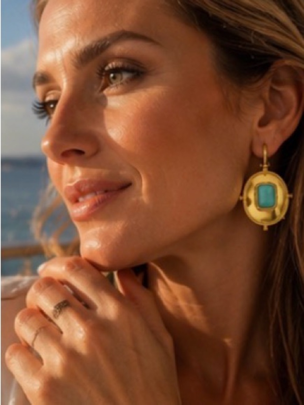 Elizabeth Locke Style Gold Turquoise Statement Earrings Luxury Resort Jewelry - Picture 2 of 6